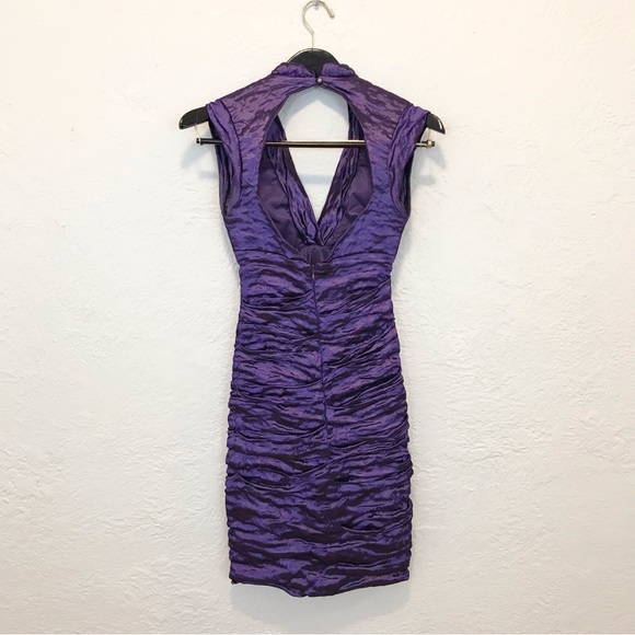 Vintage Nicole Miller Ruched Bodycon Mini Dress Purple Taffeta 2 - Picture 4 of 9